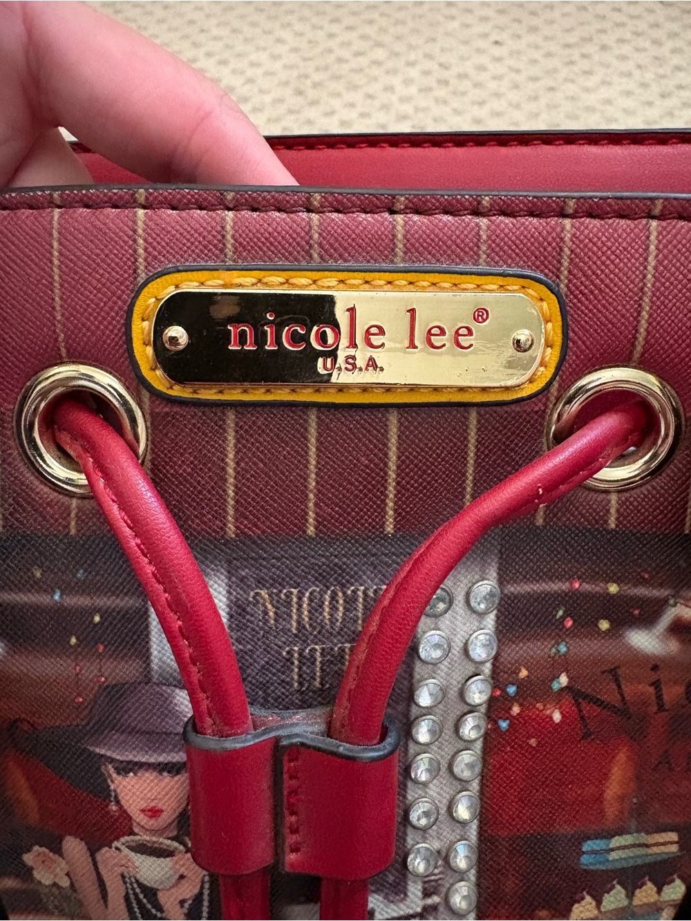 Nicole Lee Red, Green & Black Women's Satchel Handbag with Café Print - Picture 3 of 8